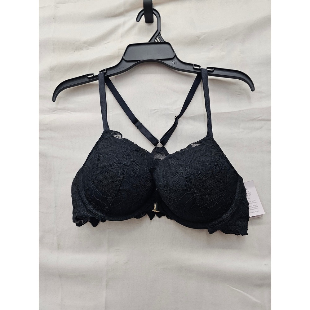 Auden Womens Lace Front Close Push Up Plunge Bra Black Nylon Blend Size 38B